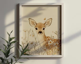 Vintage Deer Nursery Wall Art, Woodland Fawn Printable, Baby Animal Illustration, Gender Neutral Kids Room Decor, Digital Download