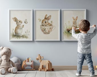 Vintage Bunny and Butterfly Nursery Art Bundle | Baby Room Decor, Digital Download, Kids Wall Art, Woodland Animals, Cute Animal Prints