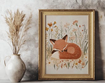 Vintage Fox Floral Nursery Wall Art | Watercolor Woodland Animal Print | Sleeping Fox Illustration | Baby Room Decor | Digital Download
