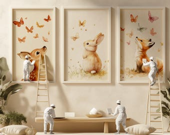 Bunny, Fox & Deer Butterfly Wall Art Bundle | Printable Animal Nursery Decor | Cute Animal Illustrations | Kids Room Digital Download