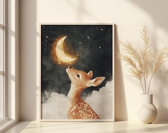 Vintage Deer Moon Print, Woodland Animal Nursery Art, Celestial Night Sky Illustration, Digital Printable, Fawn and Moon Wall Decor