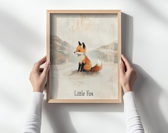 Vintage Little Fox Wall Art, Woodland Fox Illustration, Baby Animal Nursery Print, Rustic Mountain Printable, Digital Download Decor