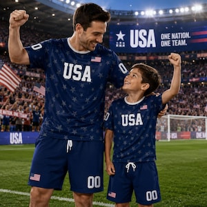Puede incluir: Conjuntos deportivos azul marino a juego con un patr&oacute;n de estrellas repetido, texto 'USA' en blanco en el pecho y una peque&ntilde;a bandera estadounidense. Los pantalones cortos incluyen cordones blancos y el n&uacute;mero '00' impreso en blanco.