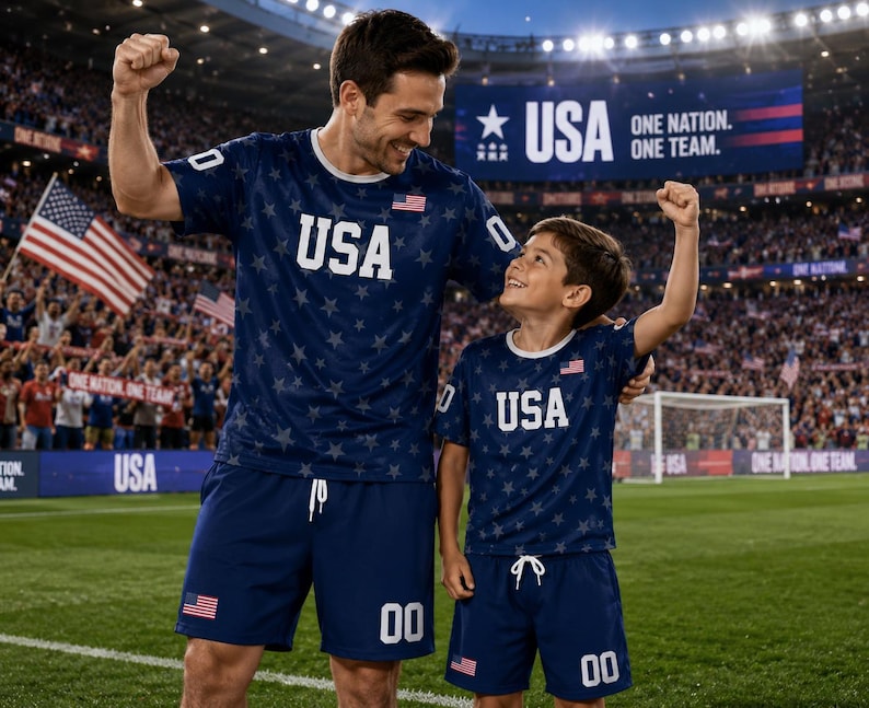 Puede incluir: Conjuntos deportivos azul marino a juego con un patr&oacute;n de estrellas repetido, texto 'USA' en blanco en el pecho y una peque&ntilde;a bandera estadounidense. Los pantalones cortos incluyen cordones blancos y el n&uacute;mero '00' impreso en blanco.