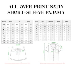 May include: Image shows a size chart for satin short-sleeve pajamas. The chart includes measurements for waist, hip, and length in inches and centimeters. The chart also includes measurements for bust, shoulder, and sleeve length.
