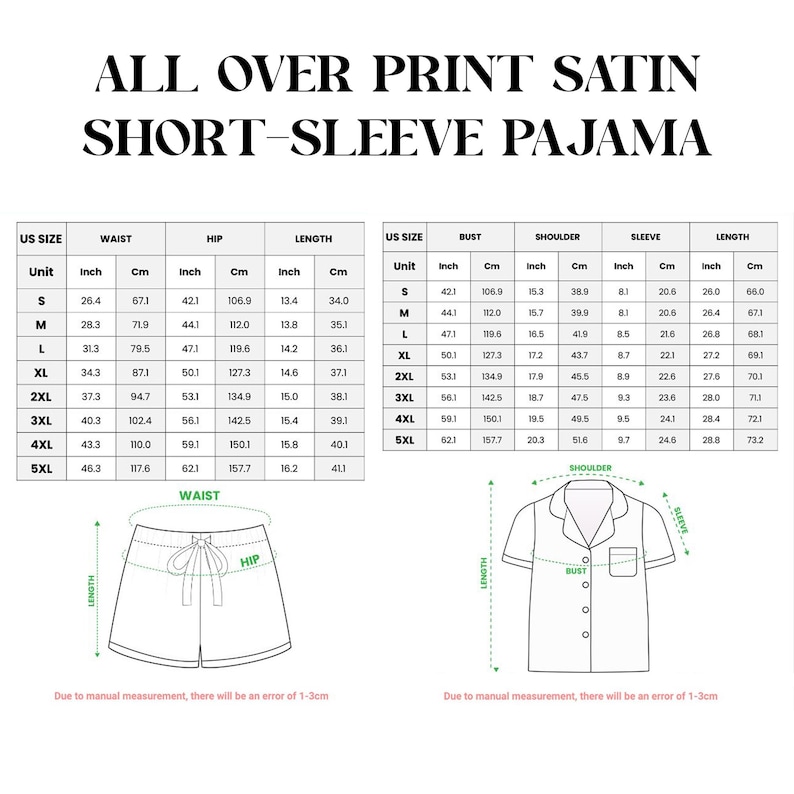 May include: Image shows a size chart for satin short-sleeve pajamas. The chart includes measurements for waist, hip, and length in inches and centimeters. The chart also includes measurements for bust, shoulder, and sleeve length.