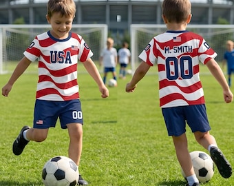 Personalized USA 2026 Soccer Jersey Set, Red White Blue, America Flag Matching Family Football Shirts, USA Game Day Apparel For Youth, Kids