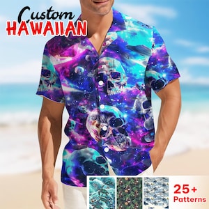 Skull Planet Hawaii Shirt For Men Women, Space Themed Summer Shirt, Skull Head Button Short Sleeve Shirt, Skull Gifts, Galaxy Lovers Gifts
