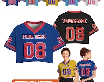 Personalized Red Blue Glitter Crop Football Jersey, Custom Team Cheer Crop Top, Sparkly Jersey For Concert, Party Jersey, Game Day Look