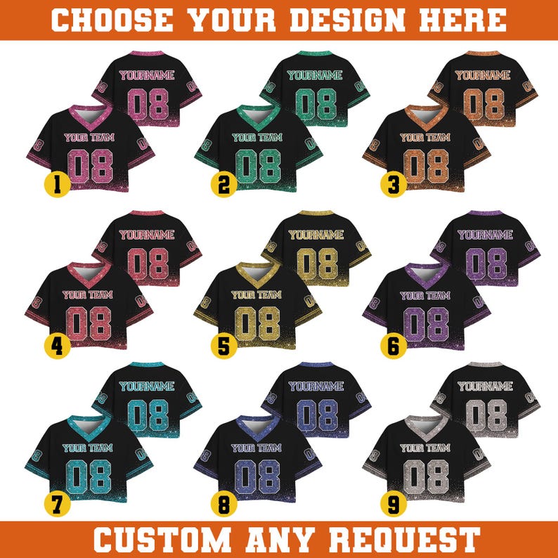 Puede incluir: Una colecci&oacute;n de camisetas negras de manga corta con varios acentos de color, incluyendo rosa, verde, naranja, dorado, morado y plateado. Cada camiseta presenta el n&uacute;mero "08" y los textos "YOUR TEAM" y "YOURNAME". La imagen tambi&eacute;n incluye los textos "CHOOSE YOUR DESIGN HERE" y "CUSTOM ANY REQUEST".