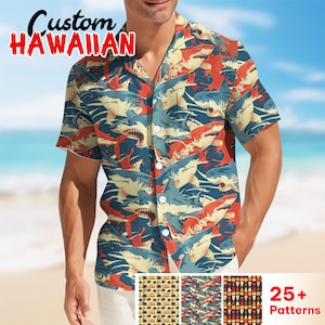 May include: A man wearing a short-sleeved button-down shirt with a colourful shark print. The shirt has a relaxed fit and a classic collar. The text "Custom Hawaiian" is visible in the top left corner of the image. Three different patterns are shown below the man, each with a different design.