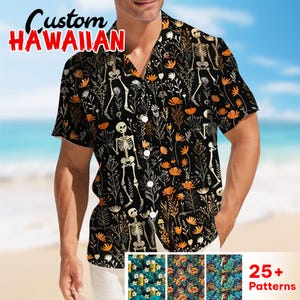 Skeleton Tropical Flower Hawaiian Shirt, Skull Halloween Button Down Shirt, Skull Hawaiian Shirt, Aloha Summer Vacation Hawaiian Shirt