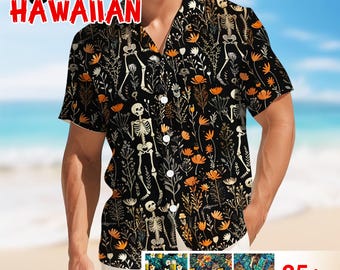 Peut inclure: Chemise hawaïenne noire avec un motif de squelettes et de fleurs. La chemise a des manches courtes et une fermeture boutonnée. Les mots "Custom Hawaiian" sont imprimés en rouge et blanc. D'autres motifs sont présentés en bas.