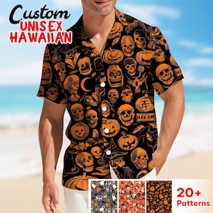 Halloween Spooky Pattern Hawaiian Shirt For Men, Aloha Skeleton Mens Hawaiian Shirt, Casual Short Sleeve Button Down Shirt, Halloween Shirt