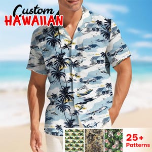 Camicia hawaiana vintage con aereo, camicia estiva con aereo tropicale, camicie a maniche corte con bottoni a tema aereo, camicia hawaiana vecchio stile con aereo