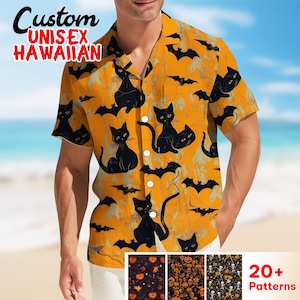 Black Cat Shirt, Halloween Pattern Shirt, Retro Halloween Print Collared Shirt, Black Cat Hawaiian Shirt, Halloween Hawaiian Shirt For Men