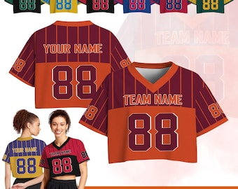 Maglia da calcio da donna personalizzata, maniche a rete stile street a righe, nome e numero personalizzati, outfit per il giorno della partita, maglietta per festival estivi