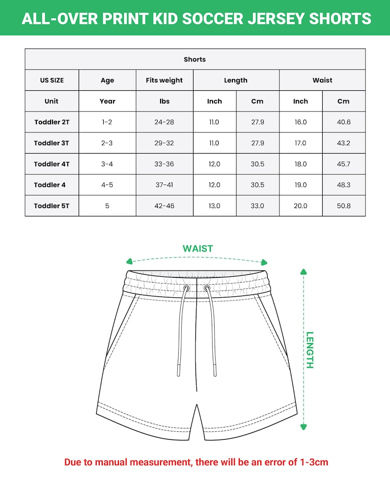 Puede incluir: Una tabla de tallas para pantalones cortos de f&uacute;tbol para ni&ntilde;os, con tallas estadounidenses de 2T a 5T, incluyendo edad, peso en lbs y medidas de largo y cintura en cm. Un dibujo lineal del pantal&oacute;n muestra los indicadores de cintura y largo.