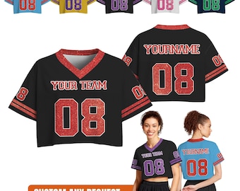 Custom Black Red Glitter Effect Crop Top, Personalized Football Jersey For Women, Custom Cheer Crop Tee, Sparkly Team Shirt, Gift For Her