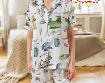 Ensemble de pyjama en satin drôle pour amateur de golf, joli pyjama assorti pour le golf, vêtements de détente sportifs, cadeau pour elle, bas de pyjama de golf de printemps, vêtements de détente de golf