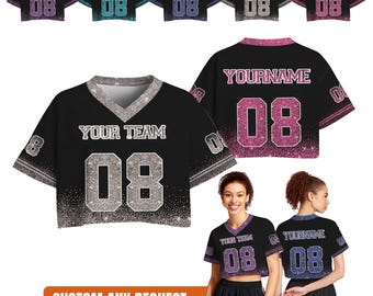 Personalized Silver Sparkly Crop Football Jersey Women, Glitter All Print Custom Team Shirt, Custom Cheer Top, Custom Game Day Party Outfit