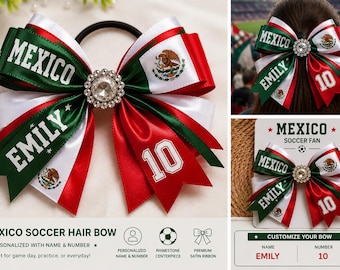 Personalized Mexico Soccer Hair Bow, Custom Name Number Bow, Team Mexico Fan Gift, Game Day Hair Accessory, World Cup Cheer Bow
