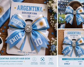 Personalized Argentina Soccer Hair Bow, Custom Name Number Bow, Team Argentina Fan Gift, Game Day Hair Accessory, World Cup Cheer Bow