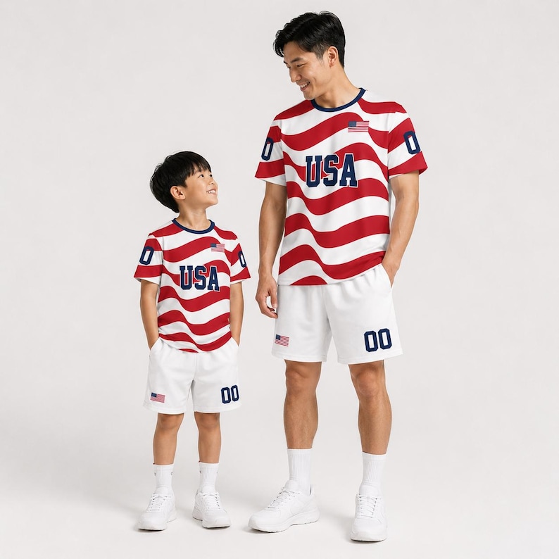 Puede incluir: Dos conjuntos a juego de camisetas de manga corta y pantalones cortos blancos. Las camisetas presentan un patr&oacute;n de rayas onduladas rojas y blancas, el texto USA en azul marino y una peque&ntilde;a bandera estadounidense. Los shorts llevan el n&uacute;mero 00.