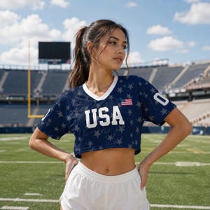 USA Women's Soccer Crop Top Jersey, Personalized Name Number Shirt, Custom Team USA Football Crop Tee, Patriotic Game Day Outfit, Fan Gift image 2