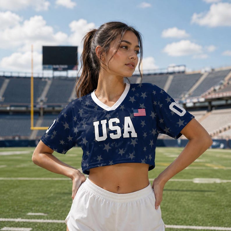 USA Women's Soccer Crop Top Jersey, Personalized Name Number Shirt, Custom Team USA Football Crop Tee, Patriotic Game Day Outfit, Fan Gift image 2