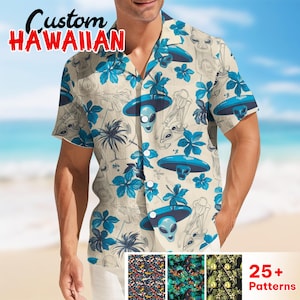 Alien Hawaiihemd und Shorts, Ufo Aloha Hemd, Sommer Strand Hemd, Weltraum Themen Hemd, Außerirdischer Liebhaber Geschenk, Knopfhemd für Männer Frauen