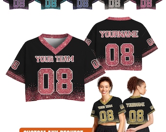 Custom Crop Jersey Shirt With Red Glitter Print, Custom Cheer Team Top, Red Sparkly Football Tee, Women’s Game Day Outfit For Cheerleader