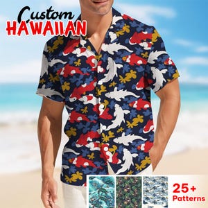 Koi Fish Hawaiian Shirt For Men Women, Navy Blue Koi Fish Shirt, Summer Aloha Shirt Short Sleeve Button Down, Japanese Casual Beachwear