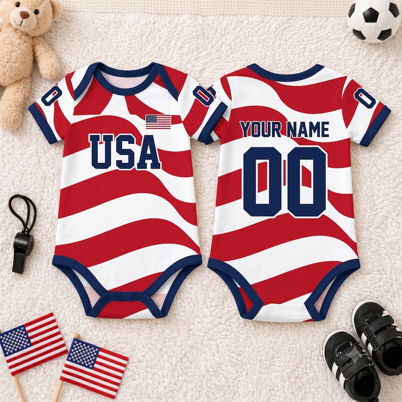 Conjunto personalizado de camiseta de fútbol de EE. UU., body para bebé con la bandera estadounidense, camisetas de fútbol a juego para toda la familia, atuendo personalizado para aficionados de EE. UU., ropa para el día del partido de EE. UU. imagen 2