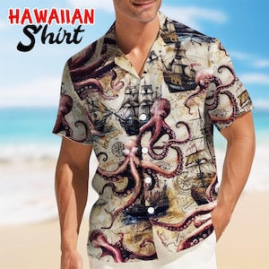 Octopus Hawaiian Shirt For Men, Octopus Vintage Shirts Short Sleeve, Wild Creature Hawaiian Shirt, Mens Hawaiian Button Down Shirt