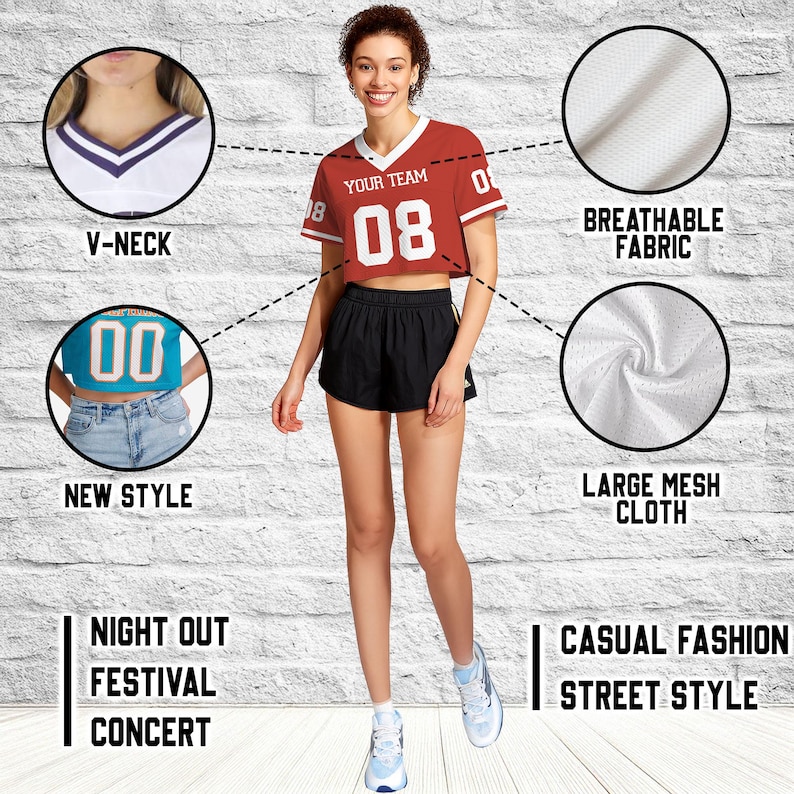 Puede incluir: Un top corto rojo con ribete blanco y el texto "YOUR TEAM 08" se combina con pantalones cortos negros. La imagen tambi&eacute;n muestra una camiseta turquesa con el n&uacute;mero "00" y las palabras "NEW STYLE". La imagen tambi&eacute;n muestra las palabras "BREATHABLE FABRIC", "LARGE MESH CLOTH", "NIGHT OUT FESTIVAL CONCERT" y "CASUAL FASHION STREET STYLE".