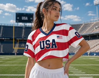 USA Women's Soccer Crop Top Jersey, Personalized Name Number Shirt, Custom Team USA Football Crop Tee, Patriotic Game Day Outfit, Fan Gift