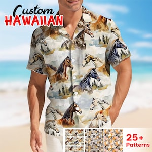 May include: A short-sleeved Hawaiian shirt with a watercolour pattern of horses in various colours. The shirt has a button-down front and a classic collar. The words "Custom Hawaiian" are printed on the top left. Additional patterns are shown at the bottom.