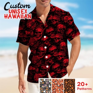 Unisex Skull Skeleton Hawaiian Shirt, Halloween Surrealistic Black & White Pattern, Men&#39;s Festival Hawaii Shirt, Black Cool Hawaiian Shirt