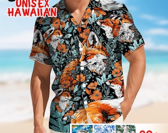 Camisa hawaiana tropical con estampado de zorro, camisa de verano para amantes de los zorros, atuendo de fiesta de verano, regalo de verano, camisa playera, camisa hawaiana para amantes de los zorros