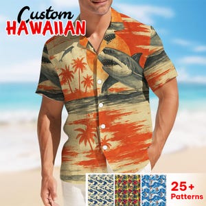 Men’s Hawaiian Shark Shirt, Vintage Ocean Aloha Short, Tropical Vacation Button-up, Beach Party Shirt, Summer Casual Shirt, Ocean Shirt