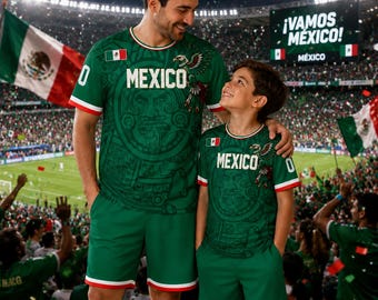Personalized Aztec Mexico Soccer Jersey Set, Matching Dad Son Football Shirts, Custom Name Number Mexico Fan Apparel, Family Game Day Outfit