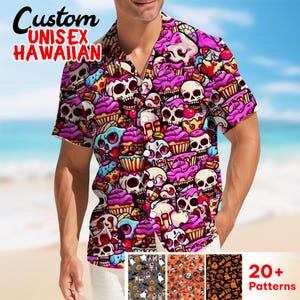 Colorful Ice Cream Skull Halloween Hawaiian Shirts For Men, Skeleton Mens Hawaiian Shirts Short Sleeve, Skull Head Pattern Hawaiian Shirt