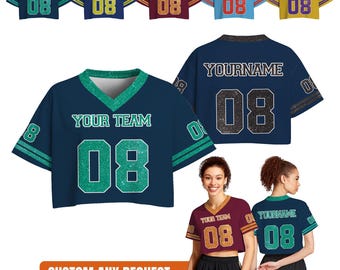Personalized Teal Navy Pattern Glitter Crop Top, Custom Cheer Team Jersey, Sparkly Football Tee For Women, Personalized Sporty Crop Shirt