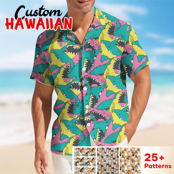 Visesunny Men's Cartoon Shark Hawaiian Shirt - Short Sleeve, Button Down, Quick Dry, XX-Large