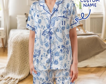 Custom Floral Print Elegant Pajama Set, Liberty Blue Vintage Toile Satin Pjs, Women’s Sleepwear, Cottagecore Lounge, Blue Toile Pajamas