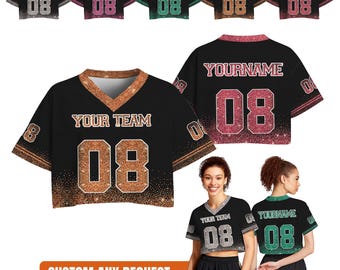 Custom Orange Sparkly Crop Jersey For Women, Orange Glitter Pattern Team Shirt, Cheerleading Crop Top, Women Football Tee, Game Day Outfit