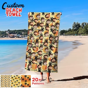 Custom Beach Towel With Photo, Funny Face Towel Pool Towel, Best Friend Photo Gift, Family Matching Towel, Vintage 80s Pattern Towel