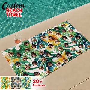 Personalized Tropical Pattern Beach Towel With Face, Custom Face Bath Towel, Custom Pool Towel, Beach Towel With Photo, Tropical Pool Towel