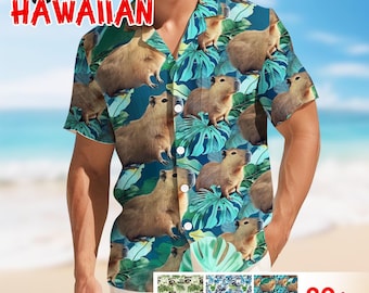 Camisa hawaiana tropical de capibara, camisa con botones de animales divertidos, camisa hawaiana para vacaciones de verano, regalo para amantes de la capibara, camisa de capibara
